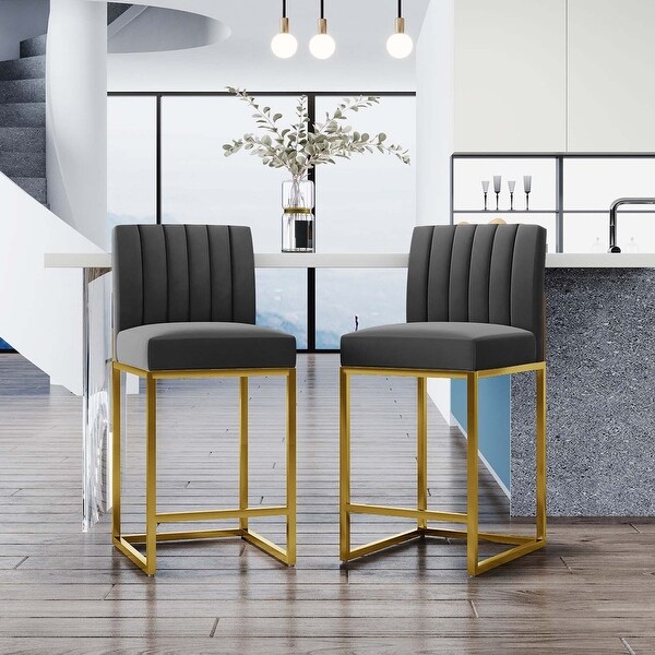 2pcs Modern Velvet Upholstered Bar Stools with Metal Legs