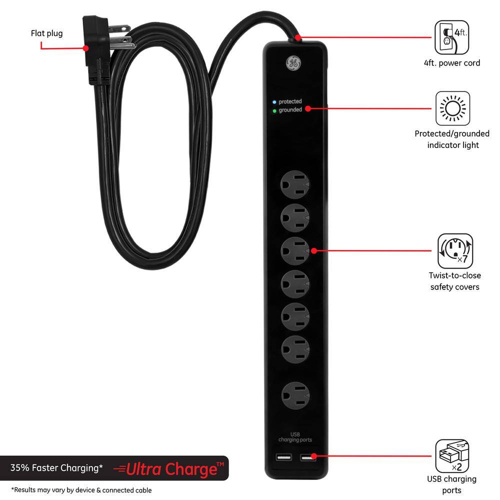 GE 7 Outlet 2 USB Advanced Surge Protector 25795