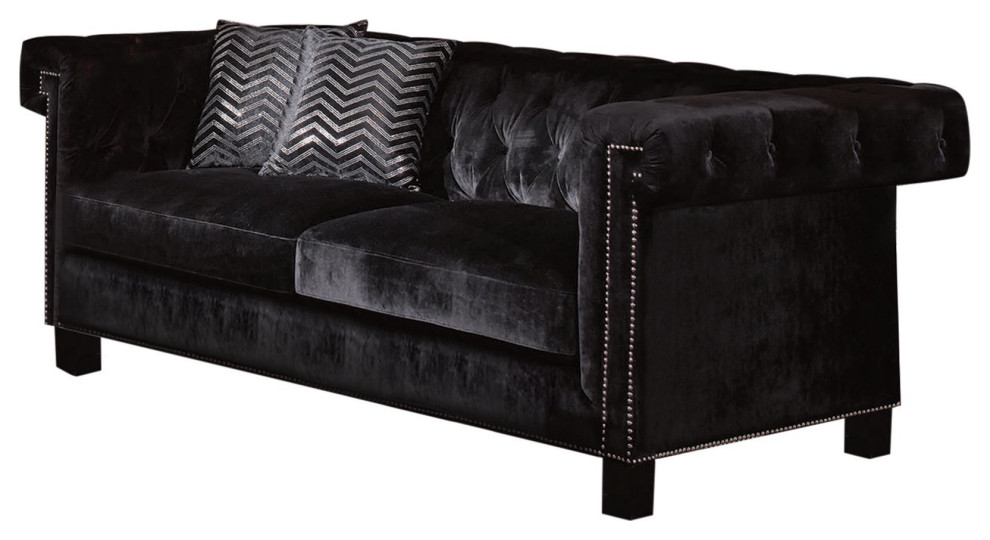 Contemporary Sofa  Black Velvet Seat With Button Tufted Back  ampNailhead Trim   Transitional   Sofas   by Decorn  Houzz