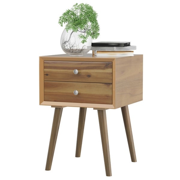 Wooden Nightstand Mid-Century End Side Table with 2 Storage Drawers-Natural - 16