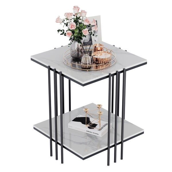 Marble Side Table End Table with Shelves with Black Frame