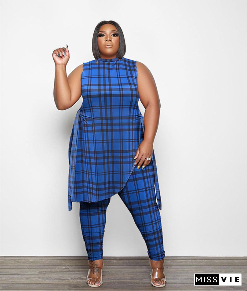 Plus Size Plaid Print Tank Tops Pencil Pants Sets