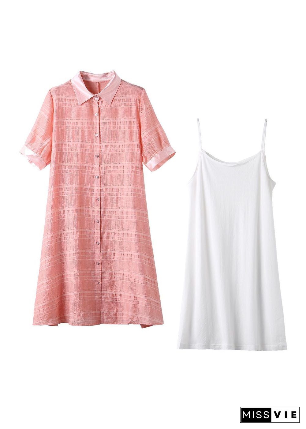 Pink Patchwork Cotton Shirt Dresses Two Piece Set Wrinkled Summer