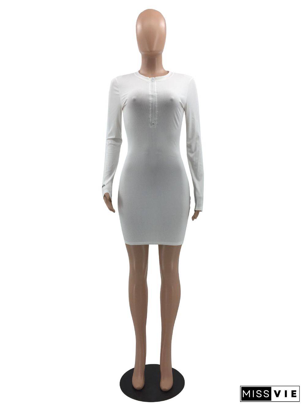 Embroidered Long Sleeve Front Zipper Bodycon Dress