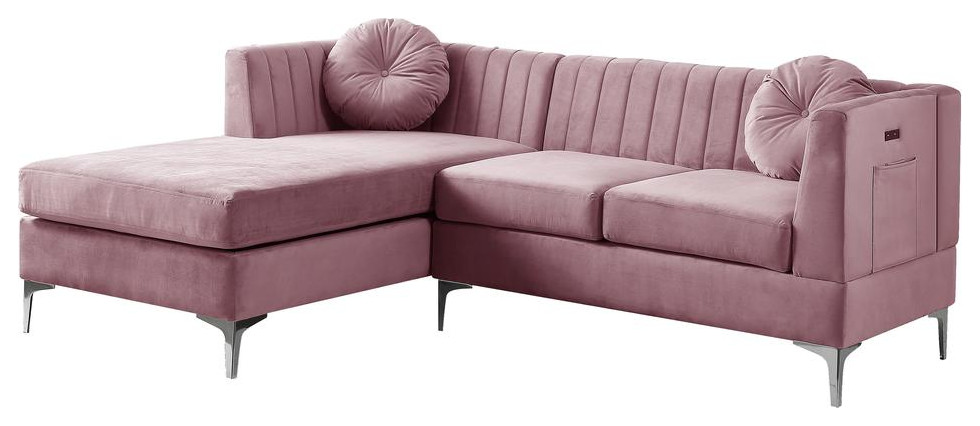 Chloe Pink Velvet Sectional Sofa Chaise With Usb Charging Port   Midcentury   Sectional Sofas   by BisonOffice  Houzz