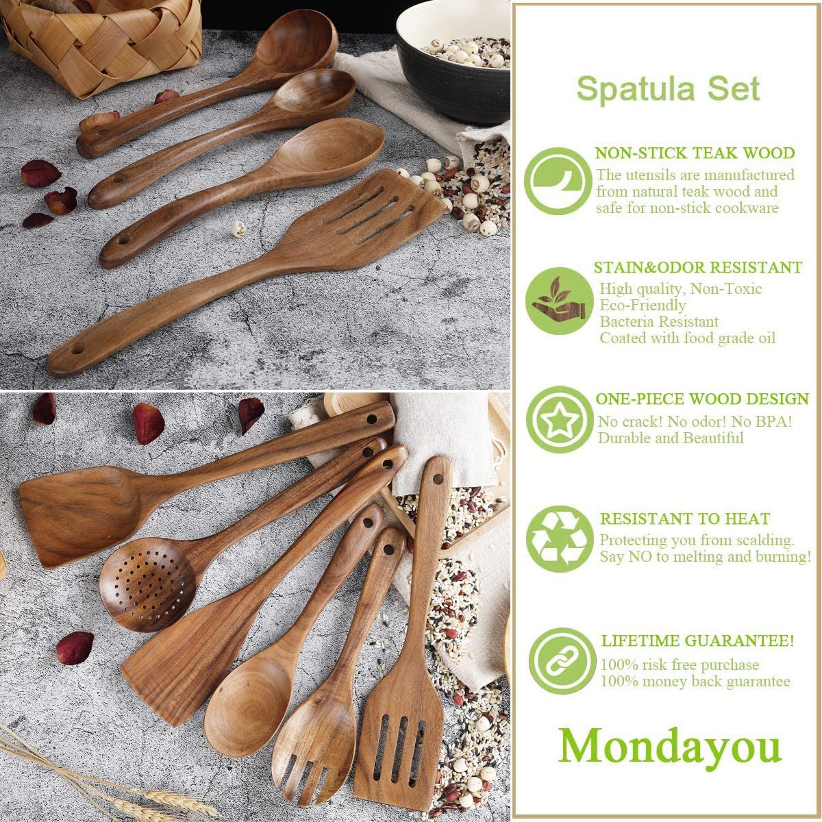 Wooden Spoons for Cooking， Nonstick Kitchen Utensil Set (Teak 8 Pack)