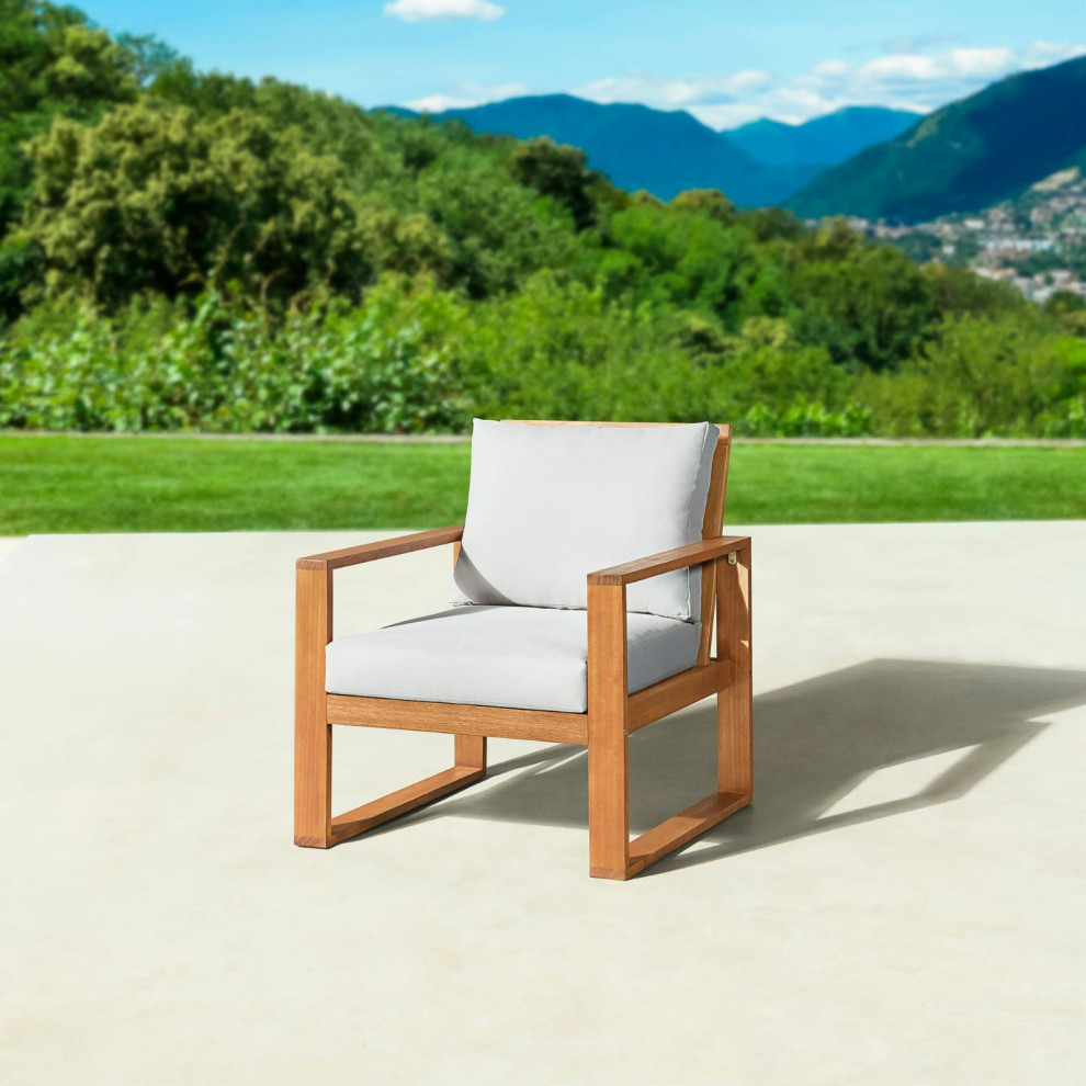 Contemporary Patio Chair  Eucalyptus Wood Frame With Removable Gray Cushions   Transitional   Outdoor Lounge Chairs   by Declusia  Houzz