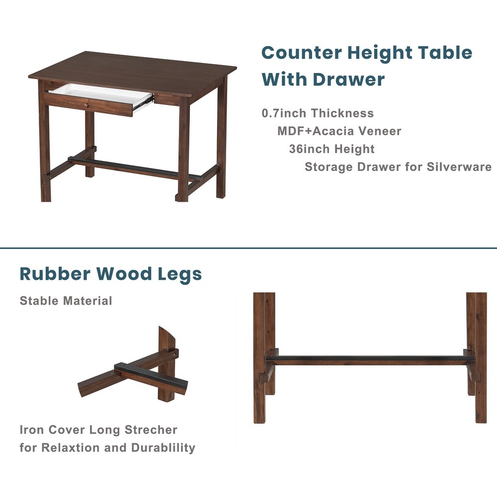 Casual Counter Height 5 Piece Dining Set   Solid Wood Table with 4 Upholstered Chairs   Storage Drawer   Walnut+Beige