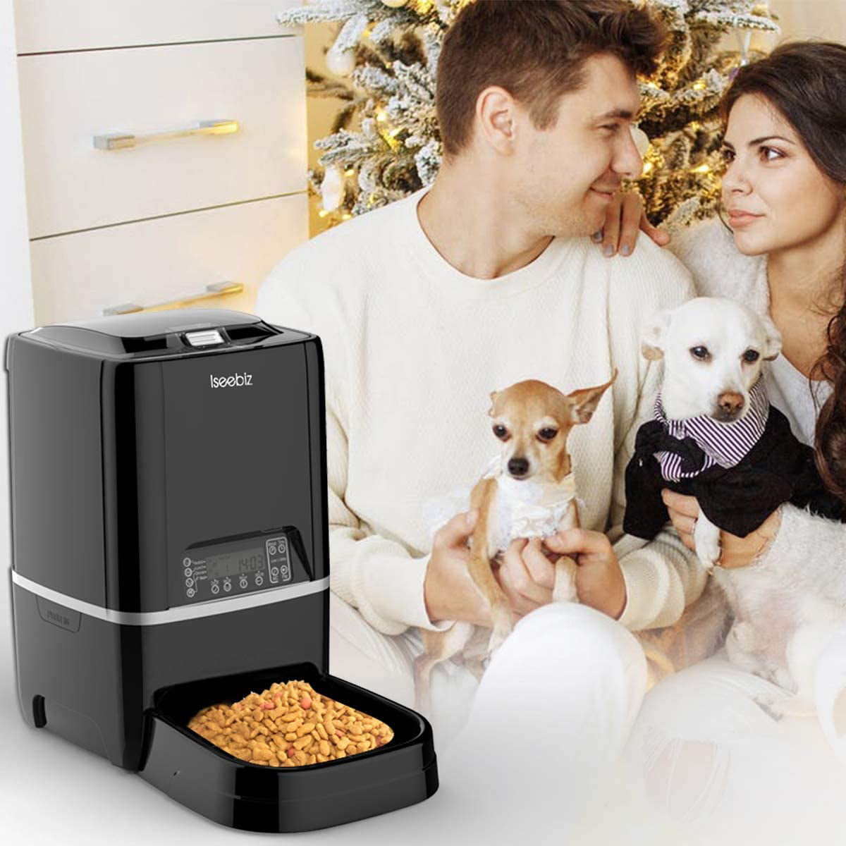 Iseebiz Automatic Dog Feeder， 5L， Pet Food Dispenser with Voice Recording， Timer Programmable， Black