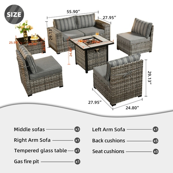 OVIOS Patio Wicker Furniture Wide Arm 7piece Fire Pit Set with Table