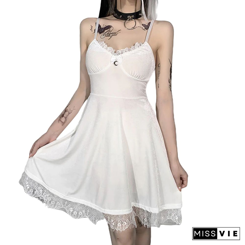 Y2k Goth Dark Academia Dress Women Solid Color V-neck Suspender A-line Lace Trim Party Dress Anime Aesthetic Clothes