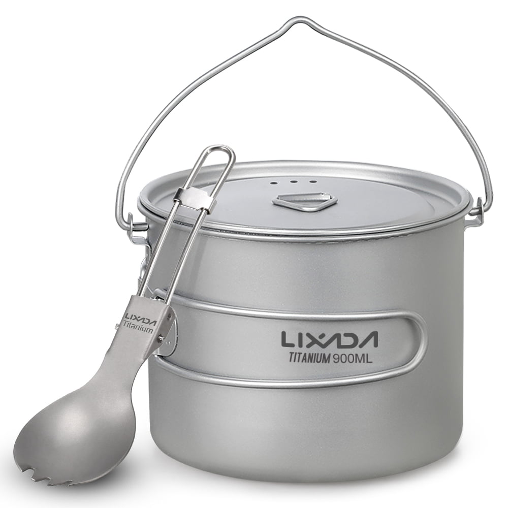 Lixada 750ml900ml1100ml Lightweight Titanium Pot with Folding Spork for Outdoor Camping Hiking Backpacking Picnic