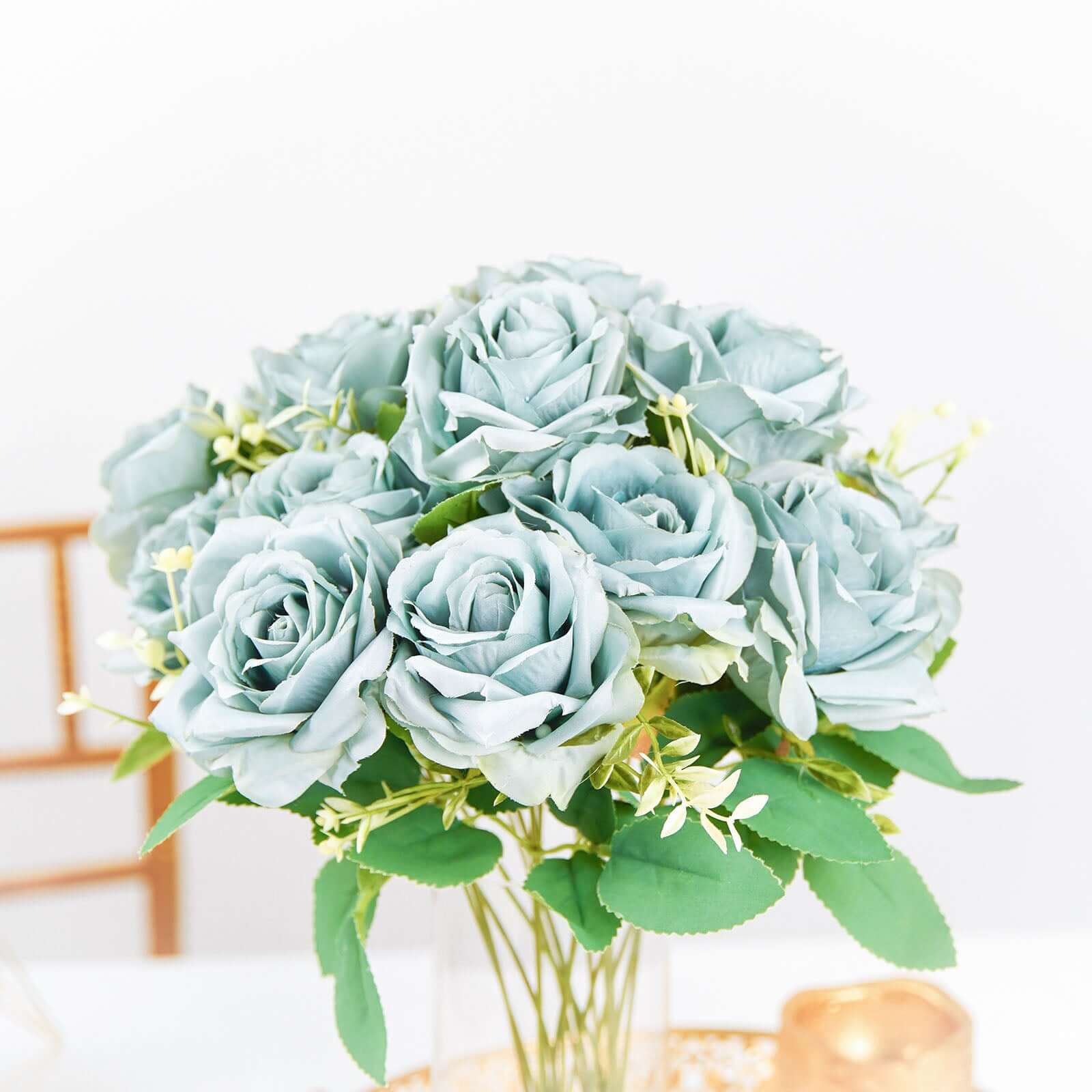 2 Bushes Dusty Blue Artificial Silk Rose Flower Arrangements, Real Touch Long Stem Flower Bouquet 18