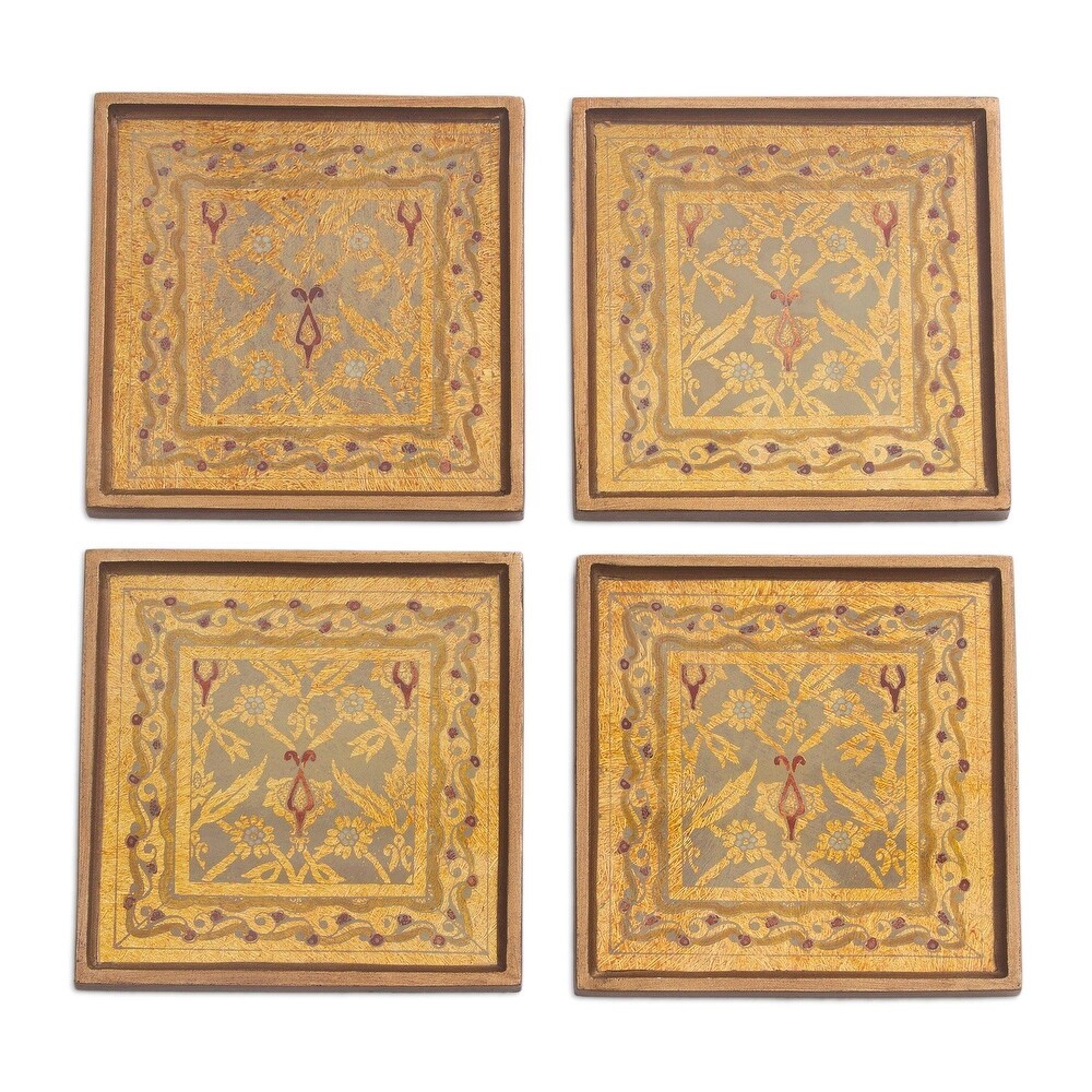 NOVICA Artisan Handblown Reverse Painted Glass Coasters Floral Goldtone Wood Peru Tableware 'Colonial Gold'(Set of 4)