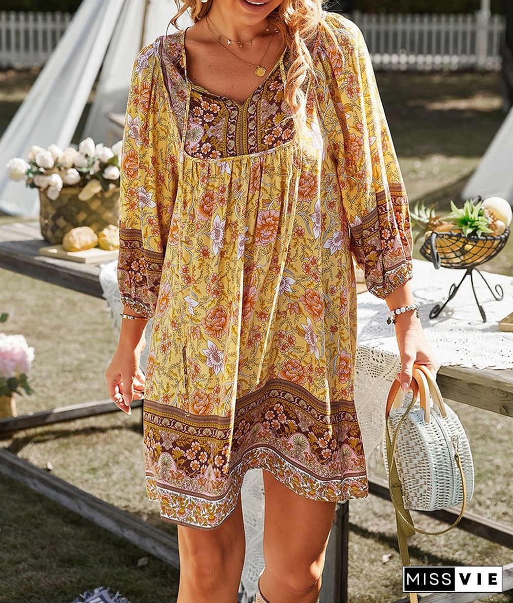 Woman Chiffon Floral-Print Half Sleeve V Neck Elegant Dress