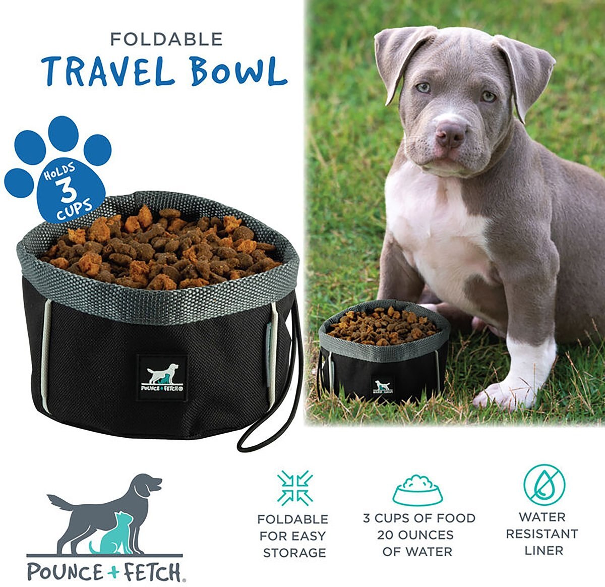 Pounce + Fetch Foldable Travel Dog and Cat Bowl， 3-cup