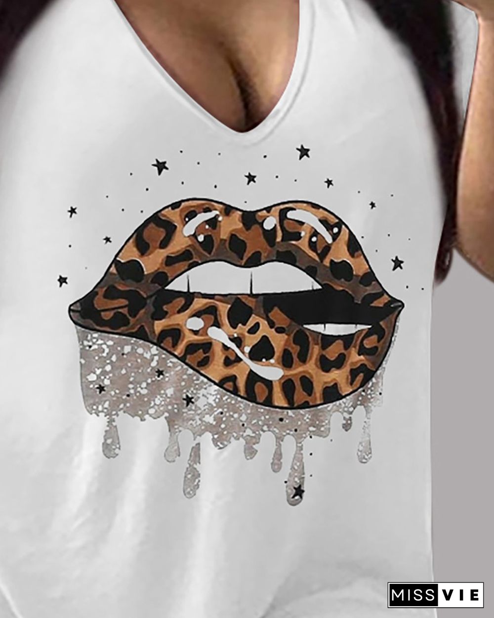 Star Lip Print Short Sleeve V-Neck T-shirt