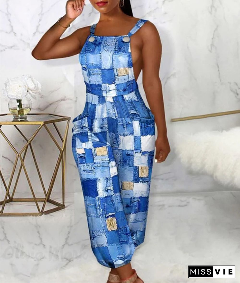 Summer Printing Backless Pocket Suspenders Jumpsuit