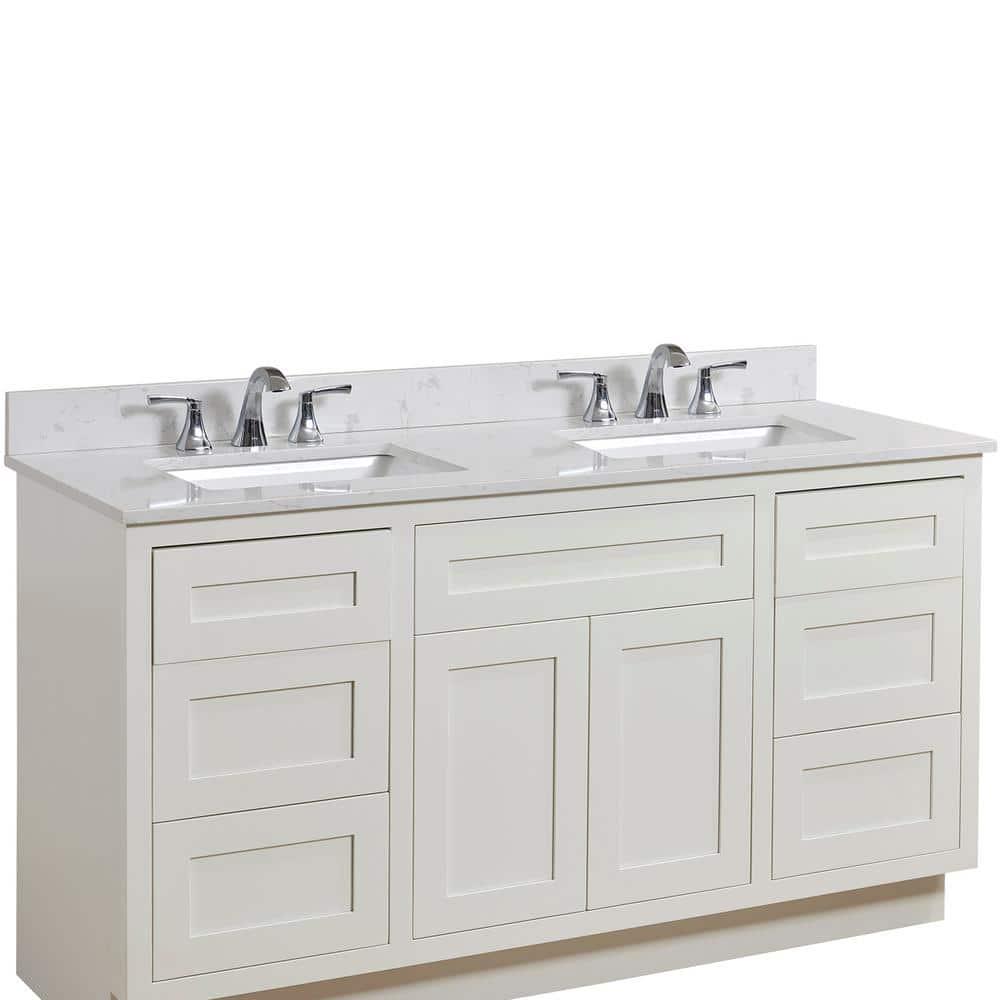 Altair 61 in W Engineered Stone Double Basin Vanity Top in Jazz White with White Basins