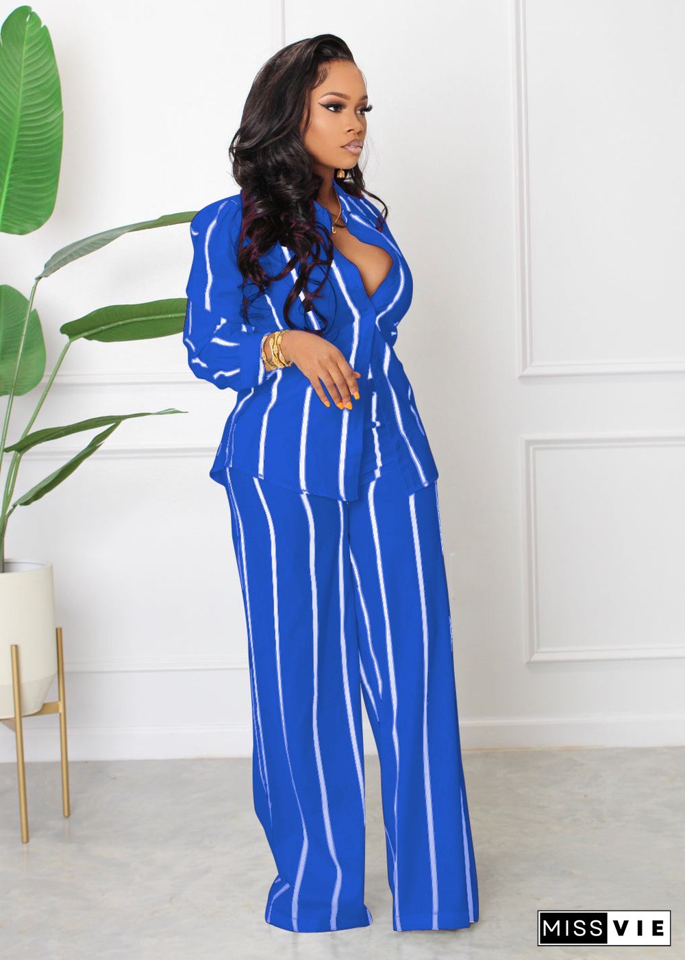 Striped Print Shirt and Wide Leg Pants 2 Piece Set