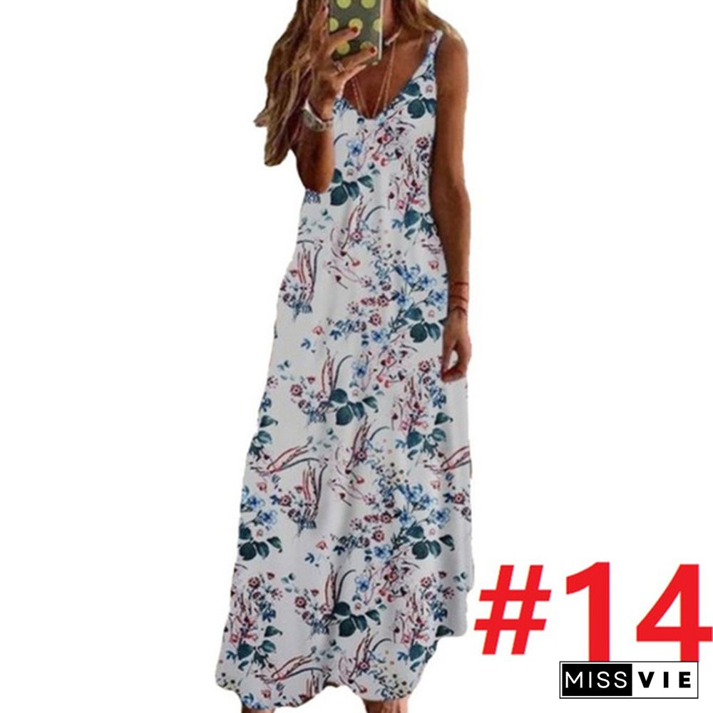 Women's Fashion Summer Sleeveless Floral Printing Sling Dress Deep V-Neck Slim Fit Big Swing Skirts Loose Casual Long Maxi Dresses Ladies Plus Size Party Dresses