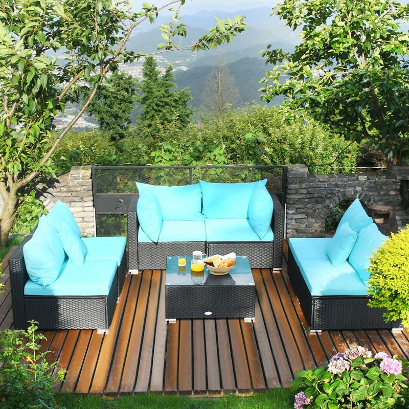 7 Pcs Rattan Patio Furniture Sectional Sofa Set Outdoor Wicker Conversation Set with Back & Seat Cushions Pillows