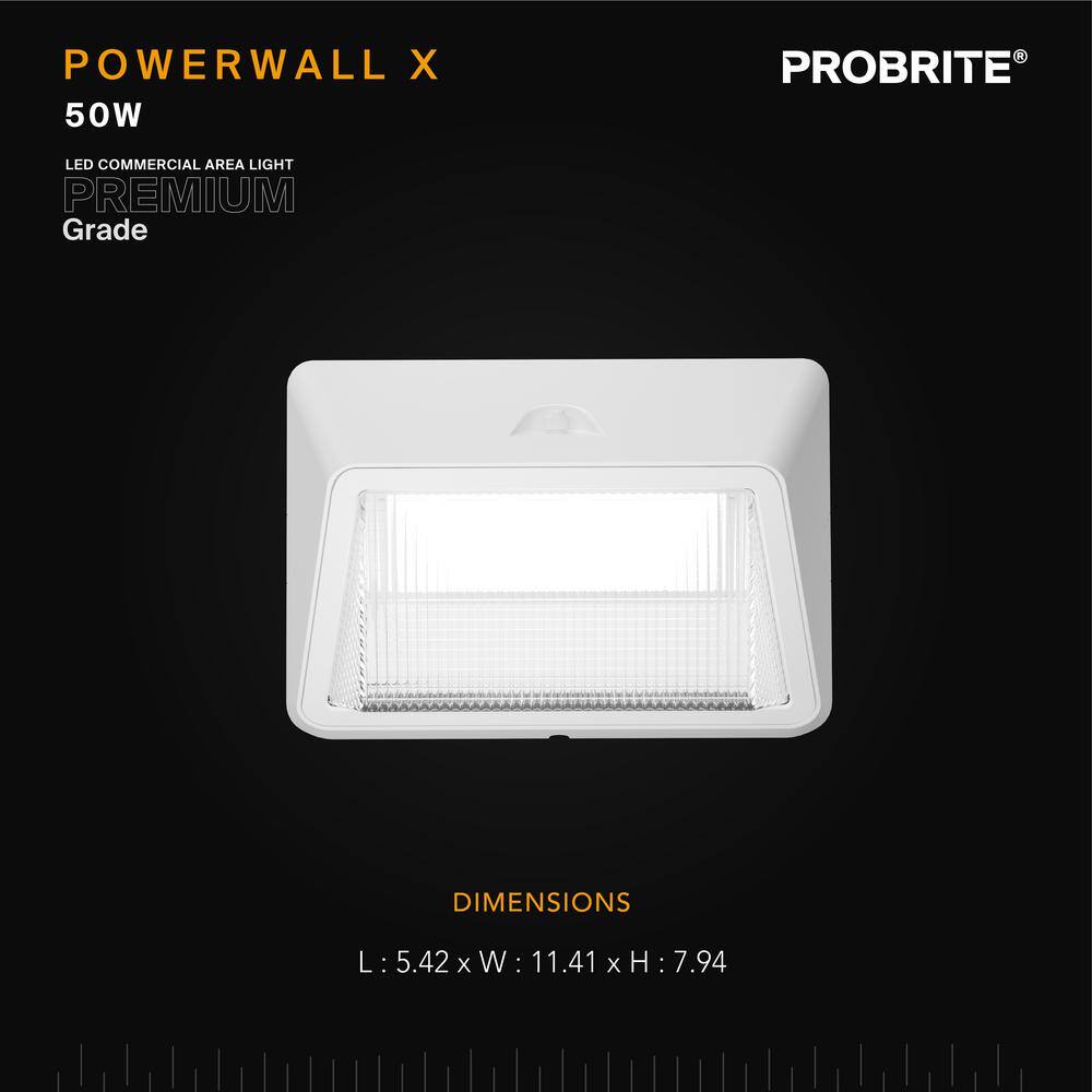 PROBRITE 175W Equivalent Integrated LED White Dusk to Dawn Commercial Refractor Wall Pack Light 6500 Lumens 4000K PRWX50-H-PC-4K-WH