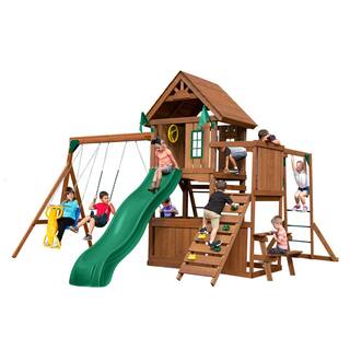 Swing-N-Slide Playsets KnightsBridge Ultimate Complete Wooden Outdoor Playset with Monkey Bars Slide Swings and Swing Set Accessories WS 8352