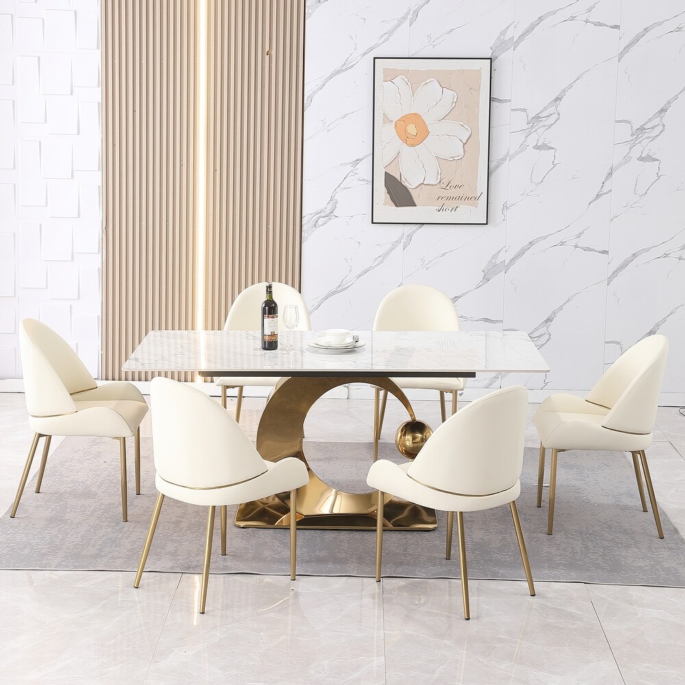 71 Inch Stone DiningTable with Carrara White color and Round special shape stainless steel Gold Pedestal Base