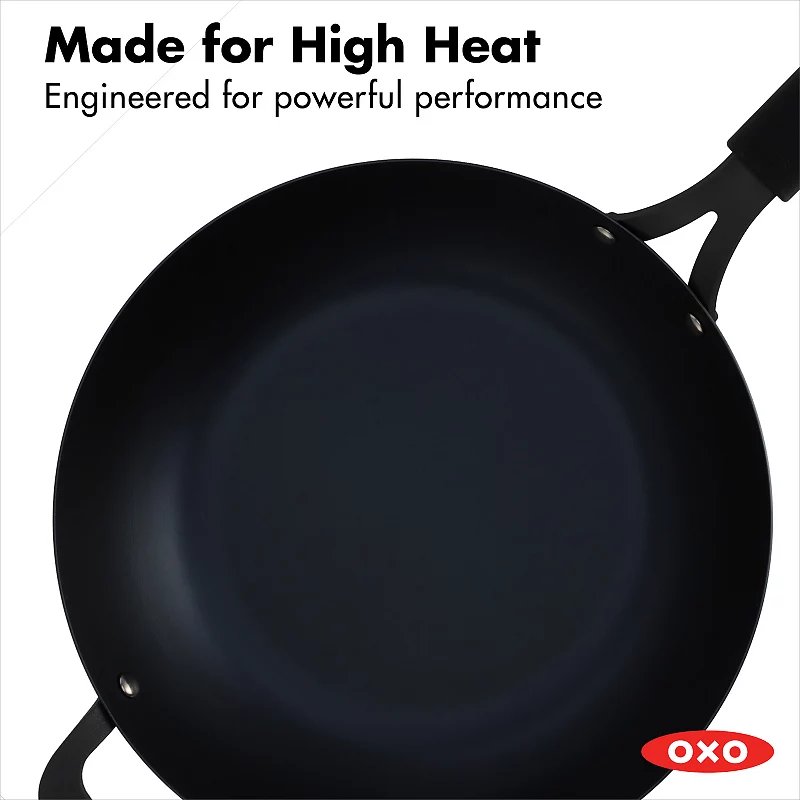 OXO Obsidian Pre-Seasoned Carbon Steel 12-in. Induction Wok Pan with Removable Silicone Handle Holder