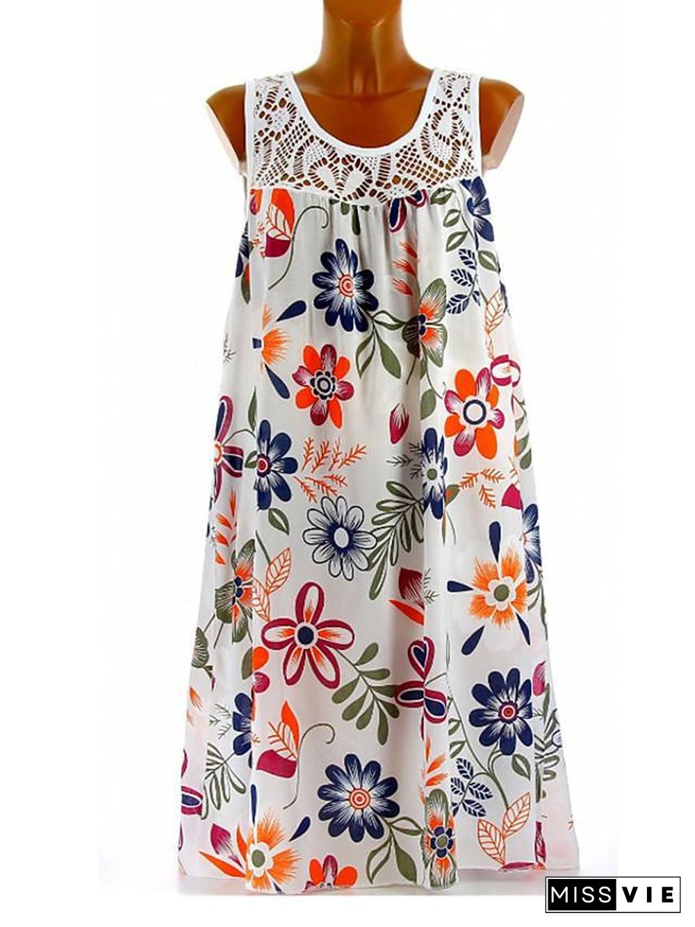 Women's Shift Dress Knee Length Dress - Sleeveless Floral Lace Print Summer Plus Size Hot Mumu Beach vacation dresses White Black Army Green Fuchsia Navy Blue M L XL XXL 3XL 4XL 5XL