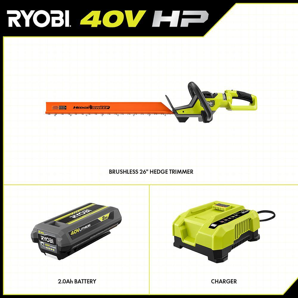 RYOBI 40V HP Brushless 26 in. Cordless Battery Hedge Trimmer with 2.0 Ah Battery and Charger RY40640