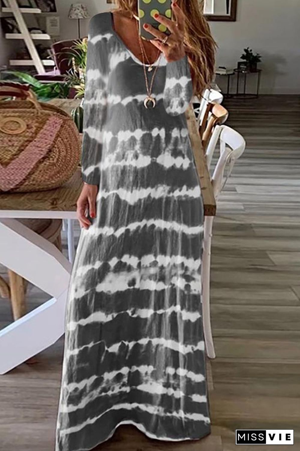 Printed Long Sleeve Striped Maxi Dress (6 Colors) P14235