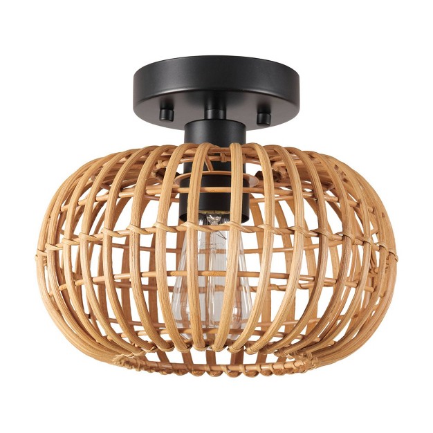 Fitz 1 light Black Flush Mount Ceiling Light With Rattan Shade Globe Electric