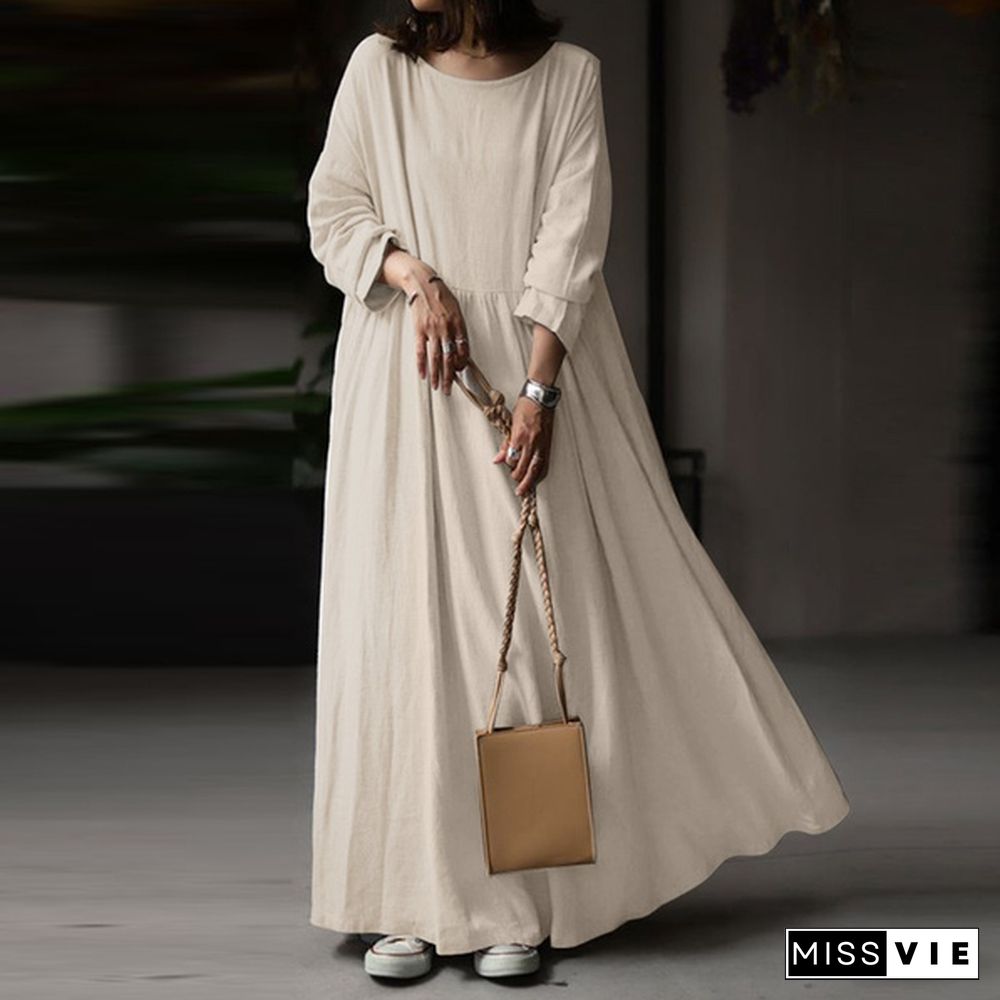 ZANZEA Women Autumn Long Sleeve Robe Solid Color Long Dress Casual Cotton Maxi Dresses