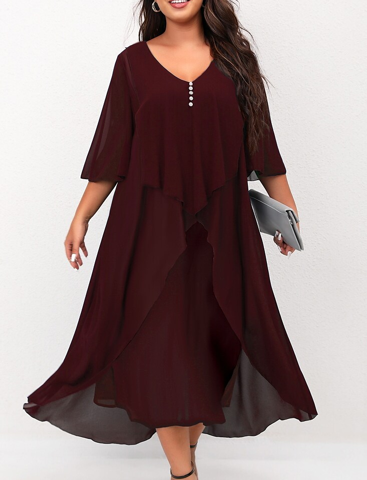 Women's Plus Size A Line Dress Solid Color V Neck Ruched Half Sleeve Fall Winter Basic Midi Dress Daily Vacation Dress / Cotton