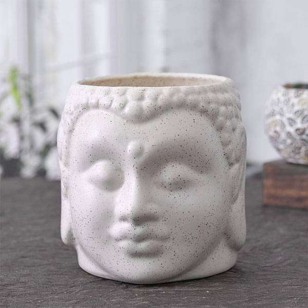 4.3 inch (11 cm) Buddha Marble Finish Ceramic Pot (White) (set of 2)