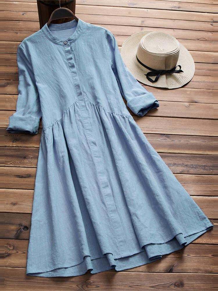 Women's Long Sleeve Tunics Long Shirt Dress A-Line Vintage Pleated Skater Dress SKUA23400