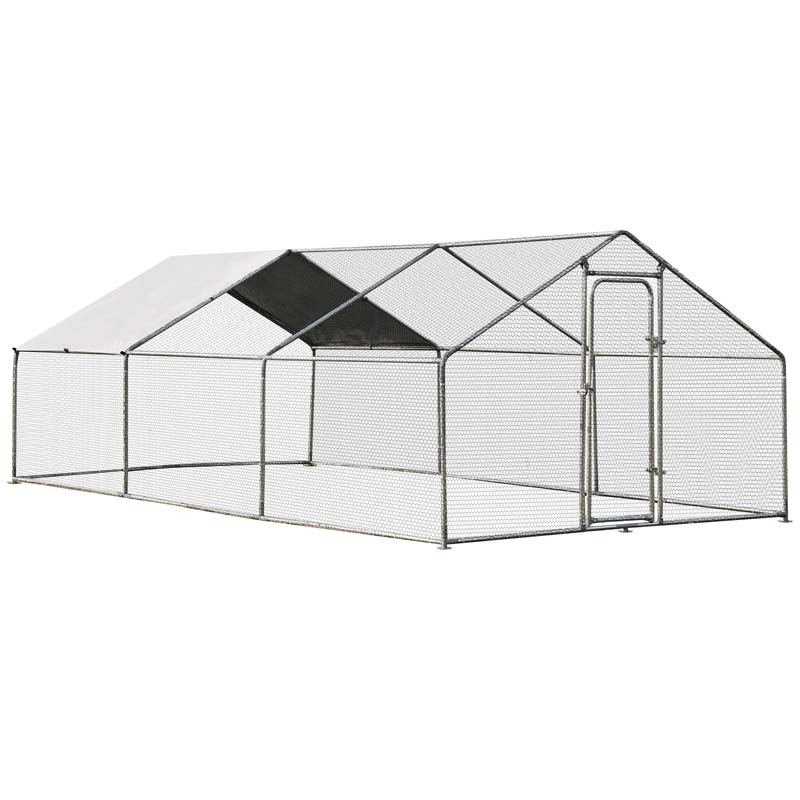 10' x 20' x 6.5' Galvanized Metal Large Walk-in Chicken Coop Cage Runs Hen House with Cover & Lockable Door