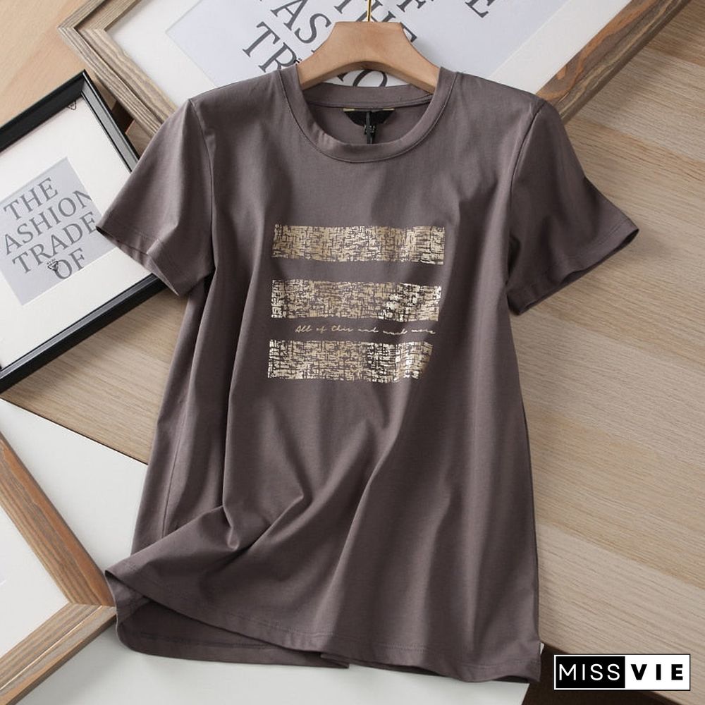 New Summer Women Black Letter Print Cotton T-Shirt Casual Solid Short Sleeve Tees Tops Ladies Camisetas Mujer