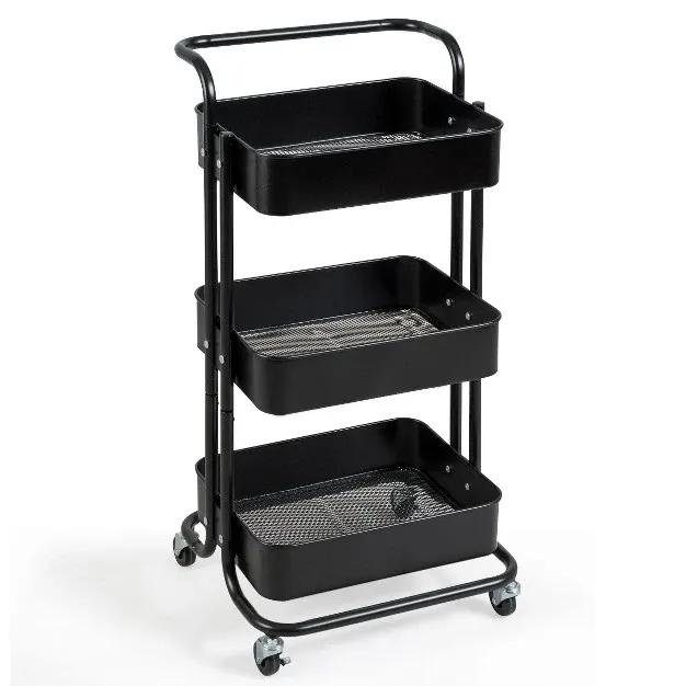 3 tier Metal Rolling Storage Cart Trolley Kitchen 2 Brakes W handle Black