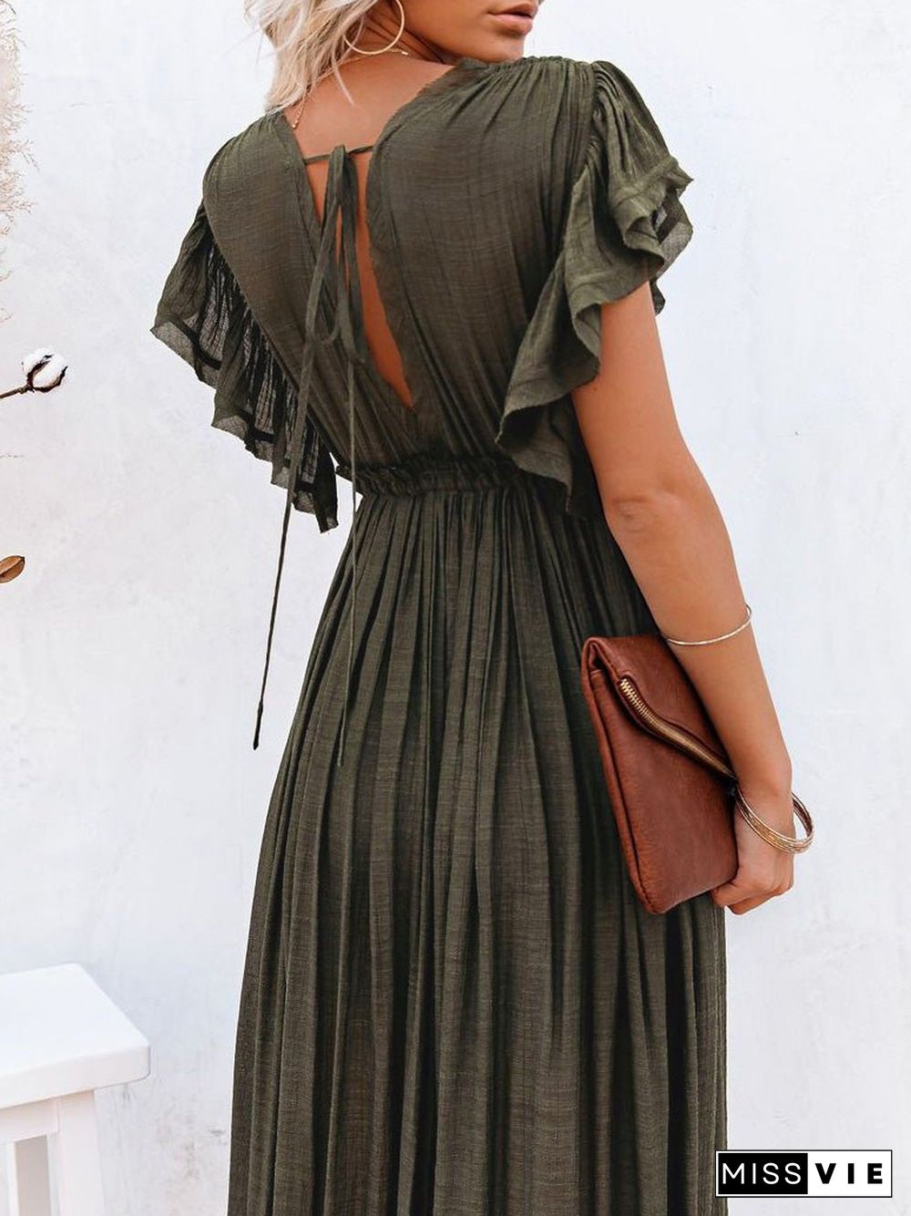 Women'S Dresses V-Neck Button Drawstring Waist Pocket Dress