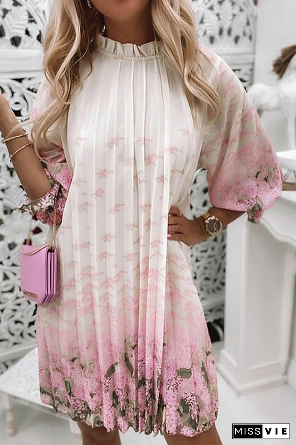 Floral Print Ruffle Trim Pleated Dress