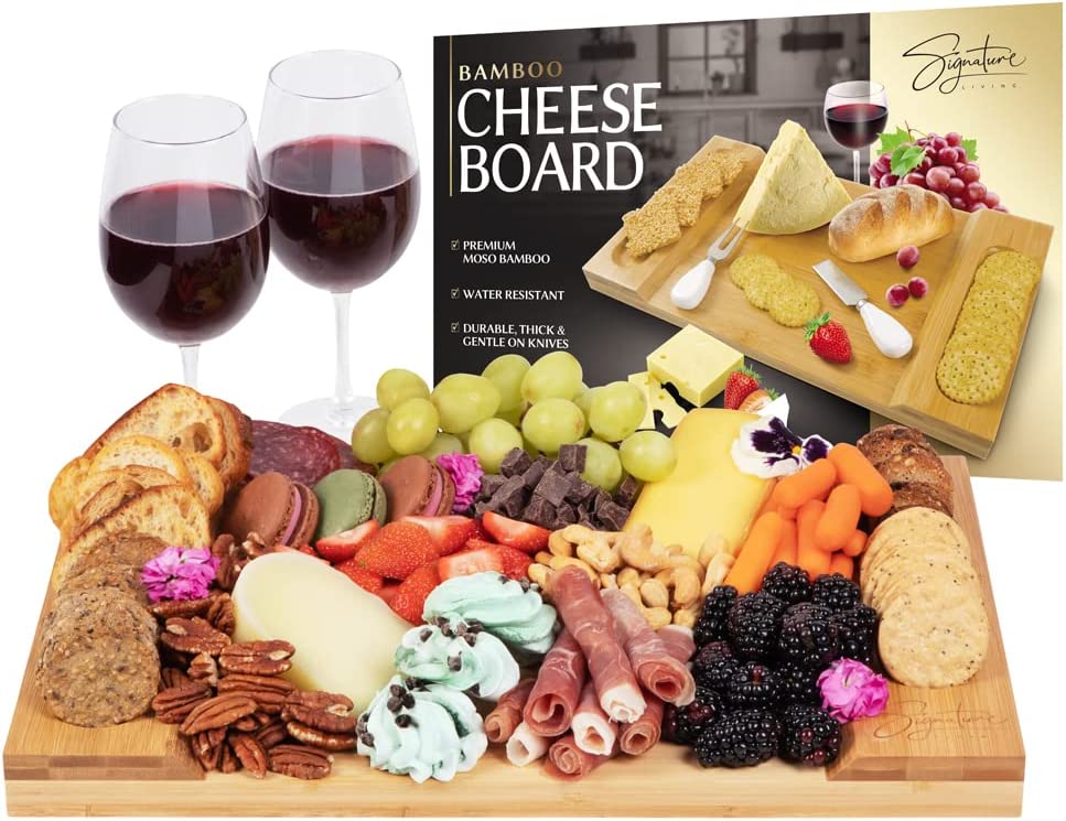 Signature Living Large Bamboo Cheese Board (16” x 10” x 1.2”) Beautiful Charcuterie Board for Cheese， Crackers， Meat - Durable Wooden Housewarming Serving Board