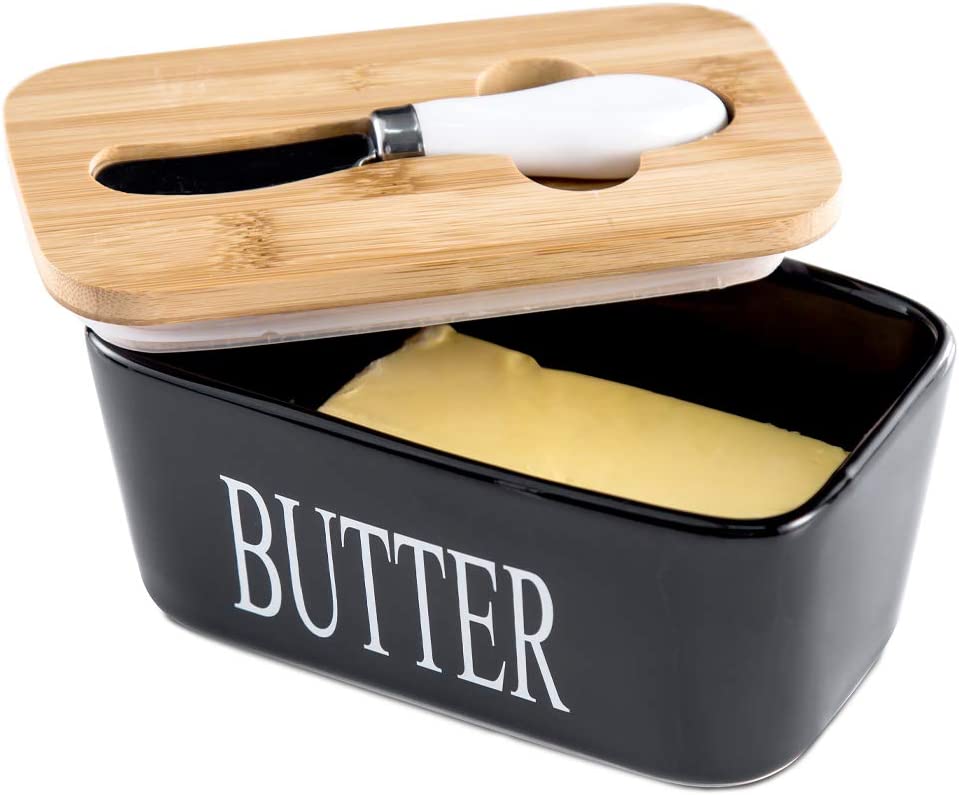 Porcelain Butter Dish with Bamboo Lid - Covered Butter Keeper with Butter Knife for Countertop， Airtight Butter Container with Cover for East West Coast Butter， Black