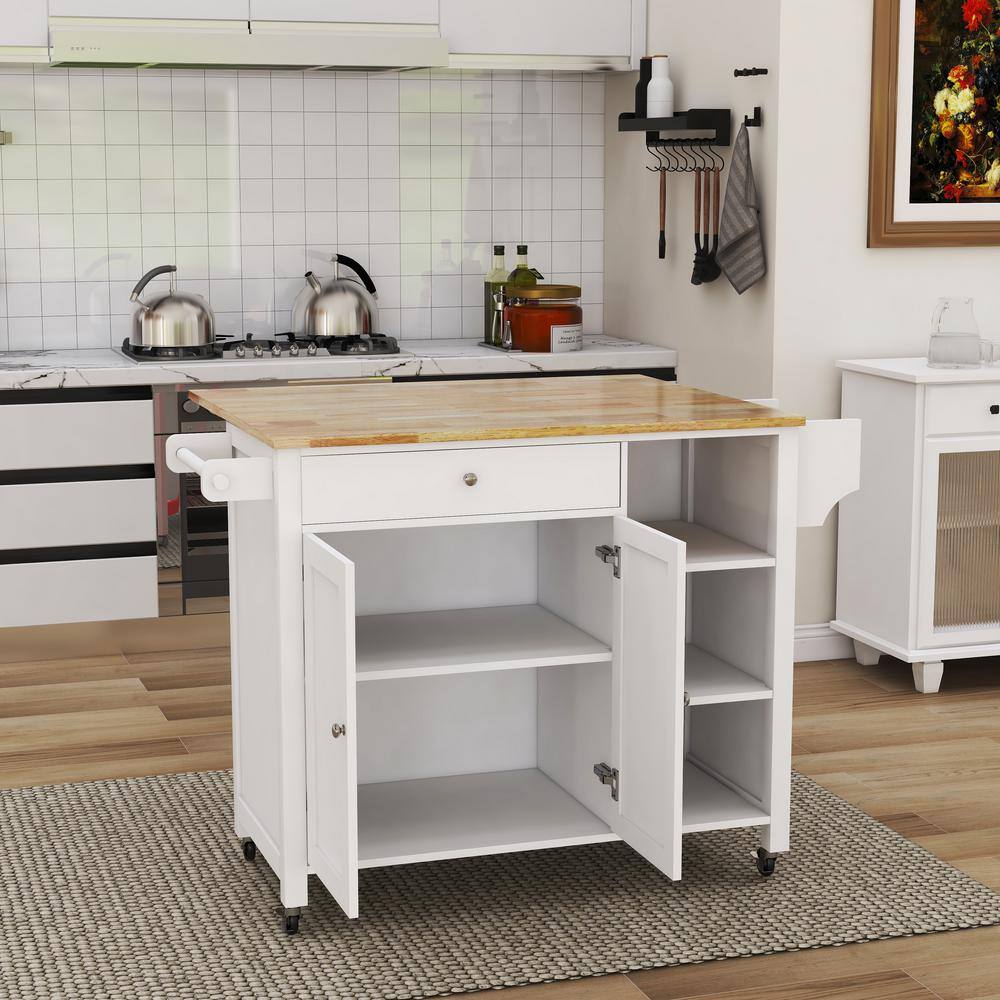 tunuo White Rolling Wood Tabletop 40 in. Kitchen Island with Lockable Wheels SFWF-282S08