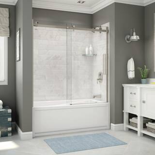 MAAX Utile 32 in. x 60 in. x 81 in. Bath and Shower Combo in Marble Carrara New Town Right Drain Halo Door Brushed Nickel 106911-307-508-104