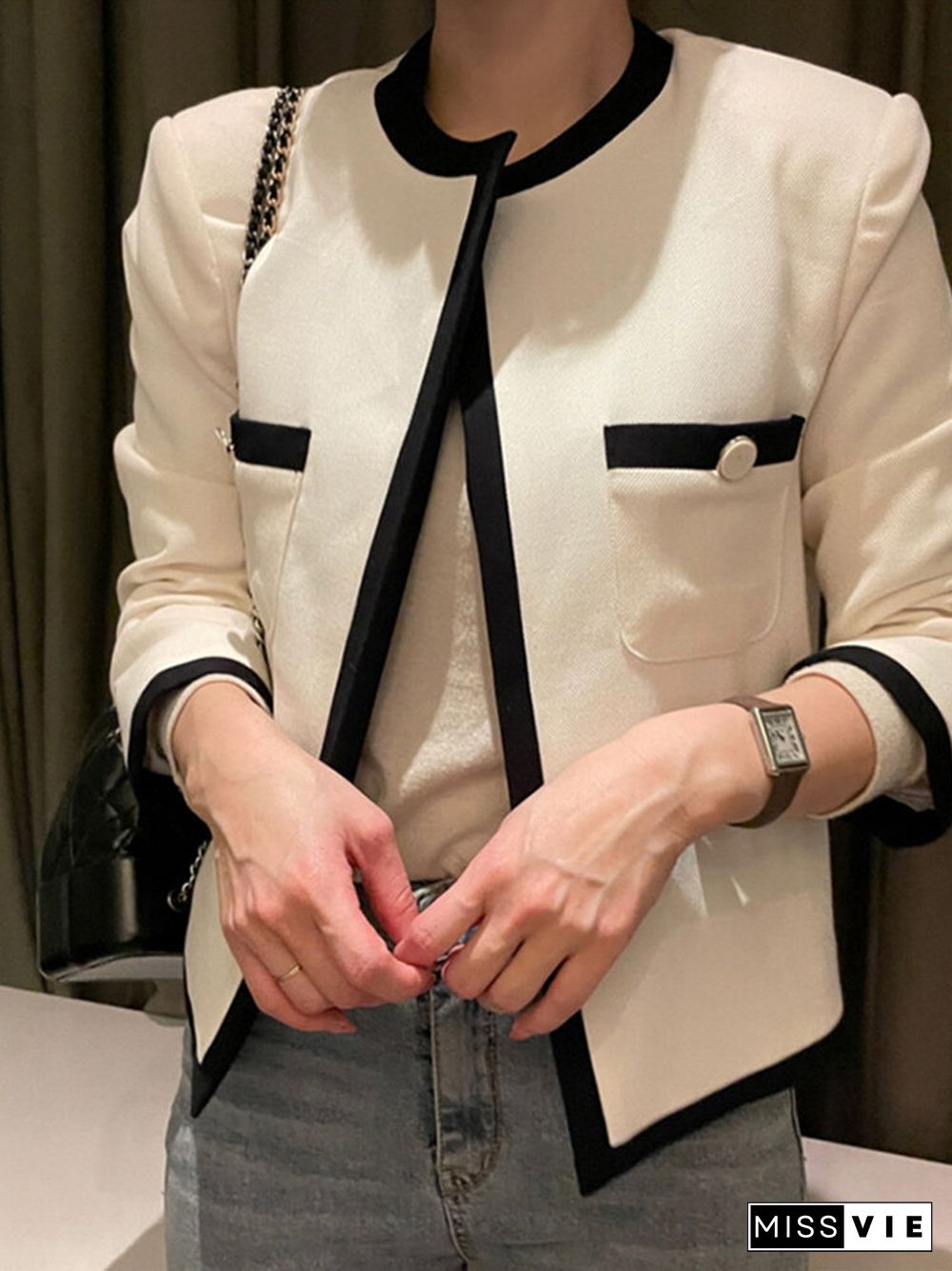 Contrast Color Open Front Long Sleeve Jacket For Women