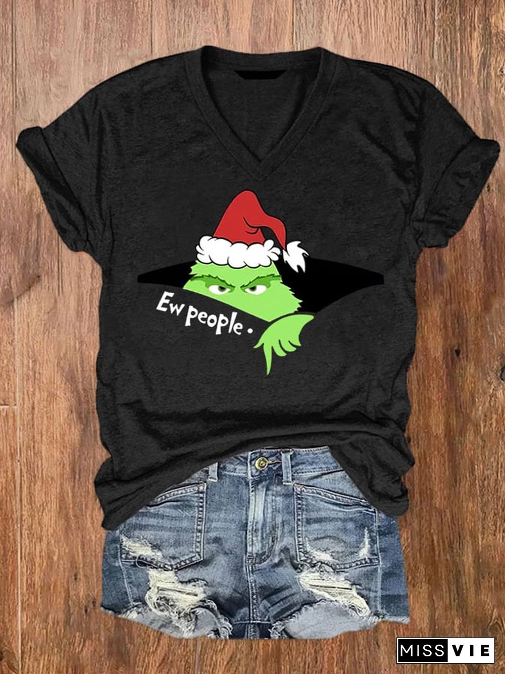 Women's Christmas EW People Print V-Neck T-Shirt