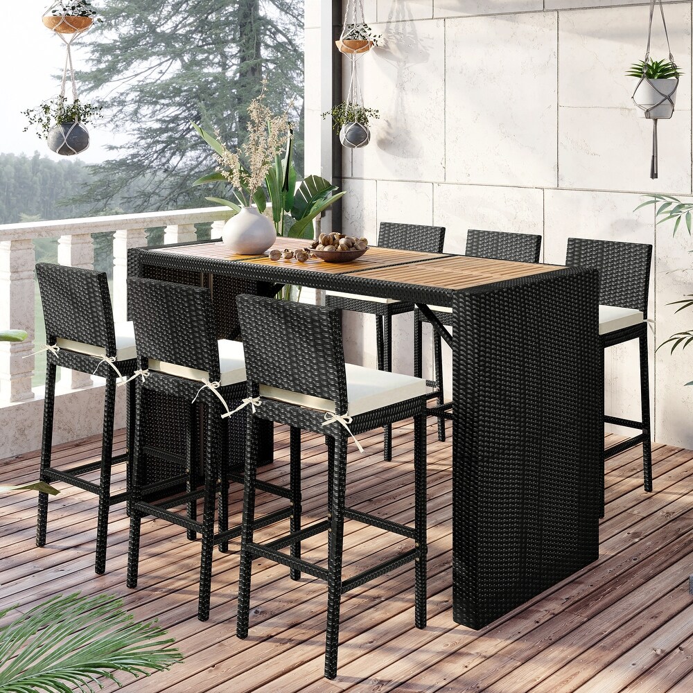 7 piece Rattan Bar Dining Table Set  Outdoor Patio PE Wicker Dining Sets with Dining Chairs  Black Rattan+ Beige Cushion  Black